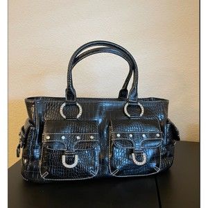 Valerie Stevens Bling Rhinestone Faux Croc Embossed Black Satchel Bag